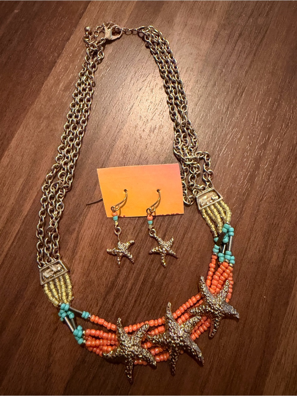 Gold-Tone Starfish Necklace with Coral and Turquoise Beads